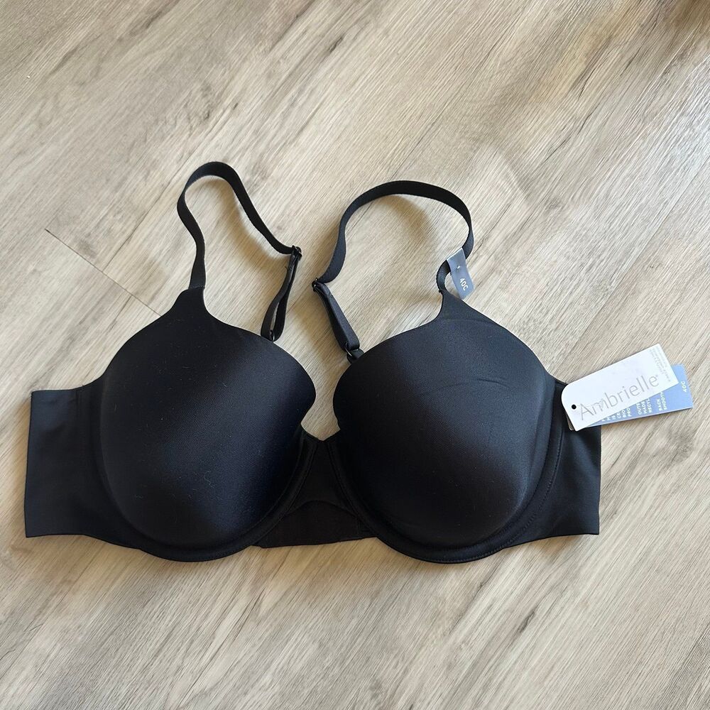 Ambrielle Lightly Lined V-Neck Lined Underwire Bra Plus Size 40C Black NEW NWT